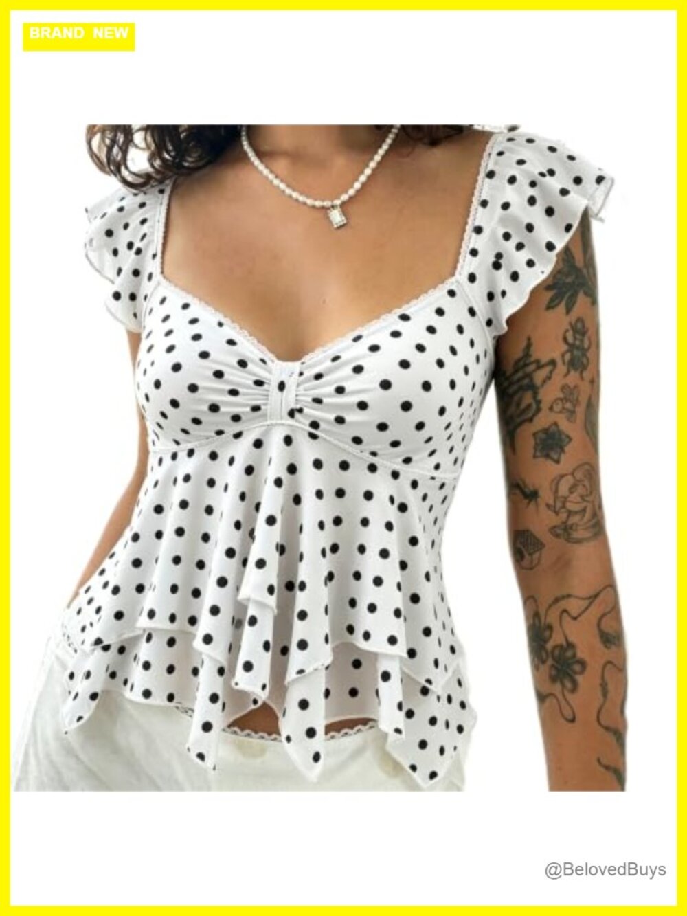 Women Polka Dot Lace Chiffon Crop Blouse V Neck Ruffle Babydoll Top